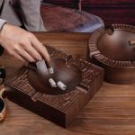 WOODRONIC Cigar Ashtray, 8.5" Solid Walnut Wood Ash Tray, Cigar Accessory and Gift for Men, 4-finger Large Cigars Holder for Patio/Outside/Indoor/Home Office Use, Square