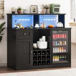55'' Wine Bar Cabinet with Mini Fridge Space, Liquor Coffee Cabinet with LED Lights & Power Outlet, Kitchen Buffet Hutch, Fridge Cabinet with Wine Rack & Glass Holder, Storage Drawers, Black (Black)