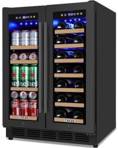 Wine and Beverage Refrigerator 24", Upgraded Dual Zone Wine Beverage Cooler with Glass Door and French Door, Large Capacity Beer Fridge Holds 21 Bottles & 88 Cans, Built-In or Freestanding - Black