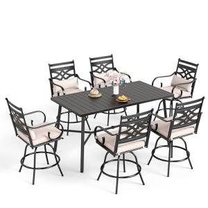 Sophia & William 7-Piece Outdoor Bar Set, Bar Height Patio Table and Chairs for 6, 6 Outdoor Swivel Bar Stools with Beige Cushion and 1 Rectangular Bar Height Table