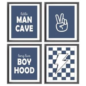 Little Man Cave Retro Preppy Checkered Lightning Peace Sign Long Live Boyhood Poster Prints for Boy Teen Room Dorm Decor,Preppy Decorations Prints Wall Art Unframed 4pcs 8x10inches,Teen Boys Gifts