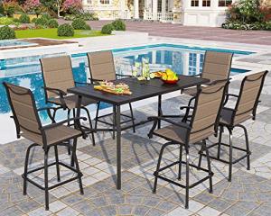 PHI VILLA 7 Piece Patio Bar Dining Set, Bar Height Outdoor Table and Chairs with 6 Swivel Bar Stools (Padded Textilene) & Large Rectangle Metal Table for Deck, Garden and Yard