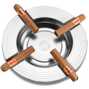 Cigar Ashtray 4 Slots Unbreakable Large Ring Gauge Ashtray for Outside/Indoor Decor with 4 Rest Cigar Holders Metal Ash Tray for Men (Silver)