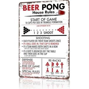 Beer Pong House Rules Vintage Metal Games Tin Signs Funny Classic Beer Pong Decor Poster - Man Cave, Garage, Bar, Office & Pub Club Aluminum Decor Plaque 8x12 Inch