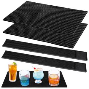 4 Pcs Thick PVC Bar Mats for Bartending, Coffee Bar Mats, Durable Non-Slip Spill Mat for Countertop, Home Kitchen, Coffee Bars, and Restaurants Accessories, Black(18 x 12 Inch, 24 x 3 Inch)