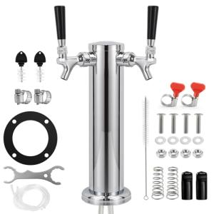 Hgkeke Dual Beer Tower Dispenser - Double Tap Kegerator Tower Draft Beer Tower Dispenser Pre-installed 5ft Beer Line Stainless Steel Core Faucet Double Keg Tap Beer Tower for 3" Kegerator Tower