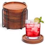 Mckanti Wooden Coasters Set of 6 with Holder, Acacia Wood Drink Coasters for Farmhouse, Patio, Bar Decoration