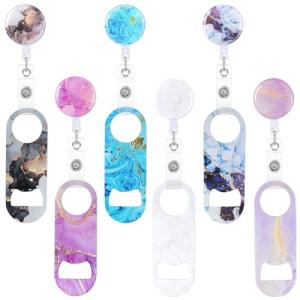 Irenare 6 Pcs Flat Bottle Openers Retractable Bar Keys for Bartenders Stainless Steel Beer Bottle Opener with Belt Clip and Round Badge Reel Bartender Gifts for Women Men(Marble Style)