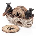 Rustic Bear Coasters Set in Handmade Canoe