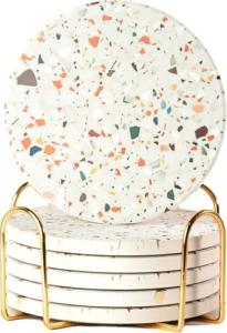 Terrazzo Drink Absorbent Coasters with Holder – Set of 6