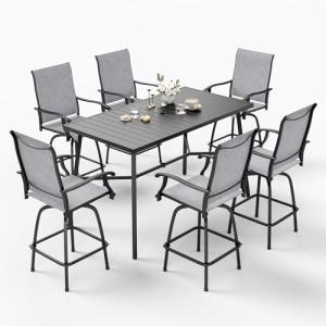 Sophia & William Outdoor Bar Set, Patio Bar Table and Chairs Set Patio Dining Set, Bar Height Patio Set - 6 x Swivel Bar Chairs(Grey), 1 x Rectangular Bar Table(Black)