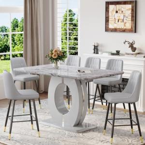 CGHIJDM 63'' Marble Dining Table Set for 6,Modern Counter Height Dining Table Set,Grey High Top Table with Leather Bar Stools,Bar Height Table Set Ideal for Dining,Pub,Kitchen