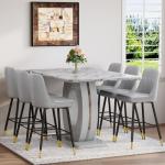 CGHIJDM 63'' Marble Dining Table Set for 6,Modern Counter Height Dining Table Set,Grey High Top Table with Leather Bar Stools,Bar Height Table Set Ideal for Dining,Pub,Kitchen