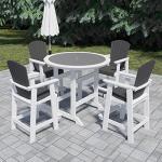 WILLIAMSPACE Patio Bar Table Set of 5, Height Outdoor Round Bar Table with 1.96" Umbrella Hole, 4 Piece Bar Stools with Backs, Counter Furniture Set for Kitchen Outside (White & Grey)
