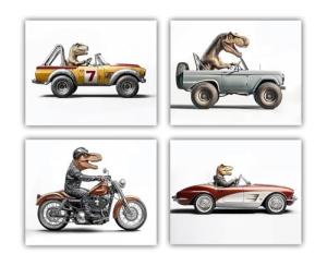 T-Rex Driving Vintage Vehicles Poster for Man Cave