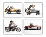T-Rex Driving Vintage Vehicles Poster for Man Cave