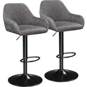 Grey PU Leather Swivel Bar Stools Set of 2