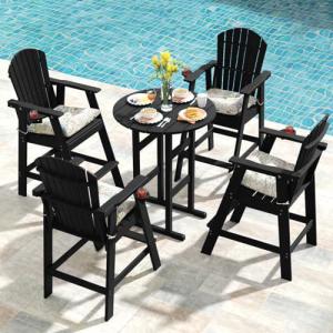 Sundale Outdoor 5 Pieces Adirondack Bar Set, Patio Counter Height Adirondack Chairs Set of 4 and Round Table, High Top HDPE Stools and Pub Table, Tall Bistro Dining Furniture Set for 4, Black