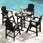 Sundale Outdoor 5 Pieces Adirondack Bar Set, Patio Counter Height Adirondack Chairs Set of 4 and Round Table, High Top HDPE Stools and Pub Table, Tall Bistro Dining Furniture Set for 4, Black