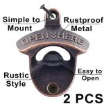 HAIICEN Vintage Copper Bottle Cap Opener Wall Mount, Retro Beer Bottle Opener with Screws for Homes Kitchen (Pack of 2)
