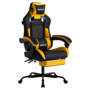 WOTSTA Gaming Chair with Massage,Ergonomic PC Gaming Chair with Footrest Comfortable Headrest and Lumbar Support,High Back Game Chair PVC Leather,300LBS (BlackYellow)