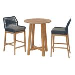 Modway Wellspring 3-Piece Teak Wood Outdoor Bar Set in Blue Graphite – Bar Height Patio Dining Set with 2 Woven Rope Bar Stools and 1 Wood Pub Table