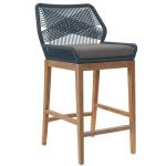 Modway Wellspring 3-Piece Teak Wood Outdoor Bar Set in Blue Graphite – Bar Height Patio Dining Set with 2 Woven Rope Bar Stools and 1 Wood Pub Table