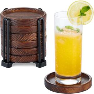 6Pcs Wooden Coasters for Drink-Acacia Wood Drink Coasters Set with Holder for Coffee Table Decor,Modern Cup Coaster for Kitchen Accessories Cute Beer Bar Decorative Rustic Outdoor Coasters