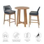 Modway Wellspring 3-Piece Teak Wood Outdoor Bar Set in Blue Graphite – Bar Height Patio Dining Set with 2 Woven Rope Bar Stools and 1 Wood Pub Table