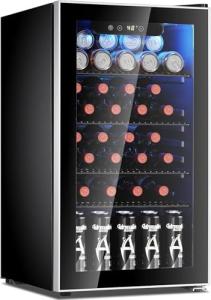 Antarctic Star 26 Bottle 130 Can Wine Cooler/Cabinet Refrigerator Mini Wine Cellar Beer Soda Clear Glass Door Bar Fridge Quiet Compressor Adjust Temp Freestanding Indoor Use 3.1cu.ft Black