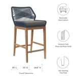 Modway Wellspring 3-Piece Teak Wood Outdoor Bar Set in Blue Graphite – Bar Height Patio Dining Set with 2 Woven Rope Bar Stools and 1 Wood Pub Table
