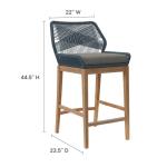 Modway Wellspring 3-Piece Teak Wood Outdoor Bar Set in Blue Graphite – Bar Height Patio Dining Set with 2 Woven Rope Bar Stools and 1 Wood Pub Table