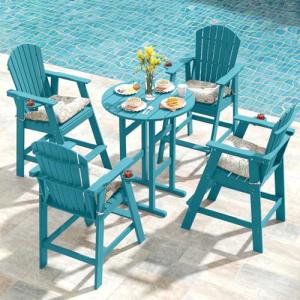 Sundale Outdoor 5 Pieces Adirondack Bar Set, Patio Counter Height Adirondack Chairs Set of 4 and Round Table, High Top HDPE Stools and Pub Table, Tall Bistro Dining Furniture Set for 4, Teal
