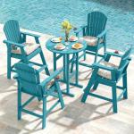 Sundale Outdoor 5 Pieces Adirondack Bar Set, Patio Counter Height Adirondack Chairs Set of 4 and Round Table, High Top HDPE Stools and Pub Table, Tall Bistro Dining Furniture Set for 4, Teal