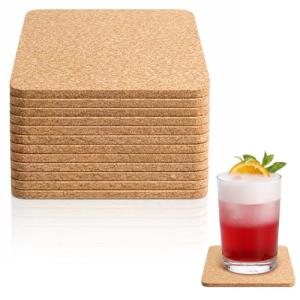 12 PCS Square Cork Coasters, Absorbent Square Coasters, Cork Coaster for Drinks, 4x4 Inch Drink Coaster, Heat Resistant Cup Mats for Kitchen Living Room House Home Decor