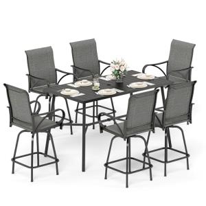 Sophia & William Outdoor Bar Set, Patio Bar Table and Chairs Set, Bar Height Patio Set - 6 x Swivel Bar Chairs(Grey), 1 x Rectangular Bar Table(Black)