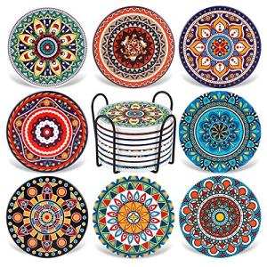 Coasters for Drinks,AODINI Set of 8 Absorbent Stone Coasters for Wooden Table, Mandala Ceramic with Cork Base, Gift for Housewarming Birthday and Family - Great Home and Dining Room Decor