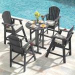 Sundale Outdoor 5 Pieces Adirondack Bar Set, Patio Counter Height Adirondack Chairs Set of 4 and Round Table, High Top HDPE Stools and Pub Table, Tall Bistro Dining Furniture Set for 4, Gray