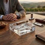 Clear Glass Cigar Ashtray, Premium Heavy Crystal Cigar Ashtray for 2 Cigars (1.6kg), Modern Square Design, Heat Resistant, Luxury Smoking Accessory for Home, Bar & Office (Square)