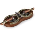 SEMKONT Cigar Ashtray, Horseshoe Wooden Double Ashtray with Cutter, Zinc Alloy Anti-scald Gasket, Cigar Slot and Holder for home, office, bar and outdoor(Brown-Double Ashtray)