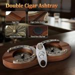 SEMKONT Cigar Ashtray, Horseshoe Wooden Double Ashtray with Cutter, Zinc Alloy Anti-scald Gasket, Cigar Slot and Holder for home, office, bar and outdoor(Brown-Double Ashtray)