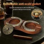 SEMKONT Cigar Ashtray, Horseshoe Wooden Double Ashtray with Cutter, Zinc Alloy Anti-scald Gasket, Cigar Slot and Holder for home, office, bar and outdoor(Brown-Double Ashtray)