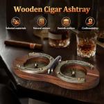 SEMKONT Cigar Ashtray, Horseshoe Wooden Double Ashtray with Cutter, Zinc Alloy Anti-scald Gasket, Cigar Slot and Holder for home, office, bar and outdoor(Brown-Double Ashtray)