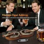 SEMKONT Cigar Ashtray, Horseshoe Wooden Double Ashtray with Cutter, Zinc Alloy Anti-scald Gasket, Cigar Slot and Holder for home, office, bar and outdoor(Brown-Double Ashtray)