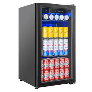 BINGERMA Under Counter Beverage Refrigerator 4.0 Cu.Ft, Glass Door Drink Fridge with Blue LED Light and Adjustable Temperature for Soda, Beer and Cans, Compact Mini Bar for Kitchen and Office