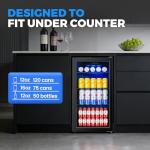 BINGERMA Under Counter Beverage Refrigerator 4.0 Cu.Ft, Glass Door Drink Fridge with Blue LED Light and Adjustable Temperature for Soda, Beer and Cans, Compact Mini Bar for Kitchen and Office