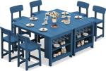 SERWALL 8-Piece HDPE Counter Height Dining Table Sets with Storage and Wine Rack, 2 Rectangular Bar Table with Bar Stools Set of 6 for Garden, Backyard, Kitchen, Blue