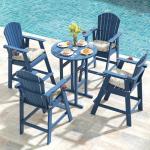 Sundale Outdoor 5 Pieces Adirondack Bar Set, Patio Counter Height Adirondack Chairs Set of 4 and Round Table, High Top HDPE Stools and Pub Table, Tall Bistro Dining Furniture Set for 4, Navy Blue