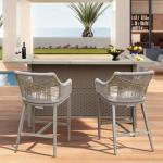 Domi Outdoor Home Bar Unit Set of 3, All-Weather Wicker & Aluminum Frame Farmhouse Bar Table with 2 Counter Height Stools with Shelves and Cabinet, for Patio, Kitchen Island, Indoor Outdoor Use