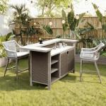 Domi Outdoor Home Bar Unit Set of 3, All-Weather Wicker & Aluminum Frame Farmhouse Bar Table with 2 Counter Height Stools with Shelves and Cabinet, for Patio, Kitchen Island, Indoor Outdoor Use